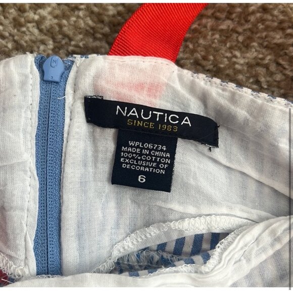 girls seersucker blue/white striped dress w/ red ribbon strap sz 6 EUC - Picture 2 of 6